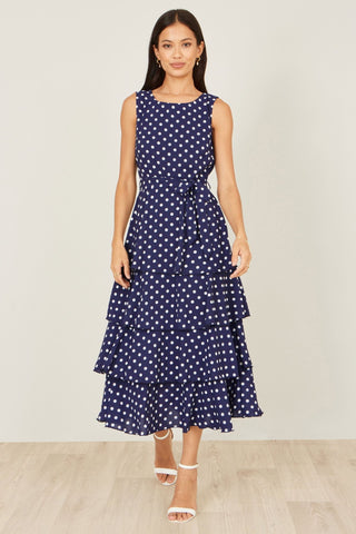 Yumi Navy Spot Tiered Midi Dress - Hstrends