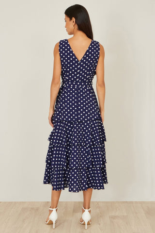 Yumi Navy Spot Tiered Midi Dress - Hstrends