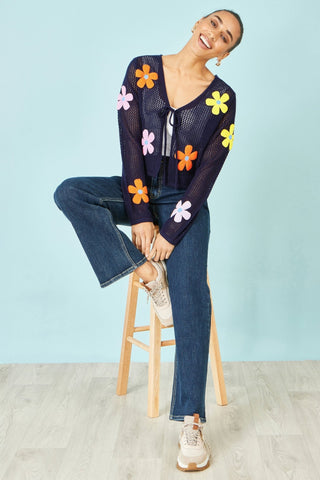 Yumi Navy Tie Front Cardigan With Flower Design - Hstrends