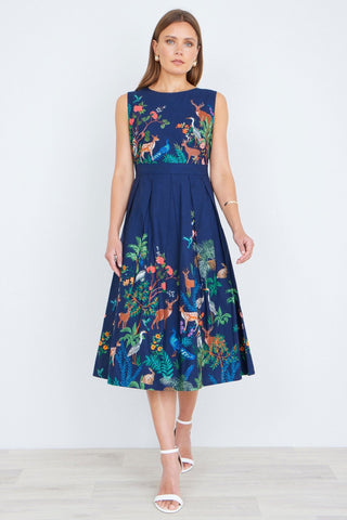 Yumi Navy Woodland Animal Print Cotton Midi Skater Dress - Hstrends