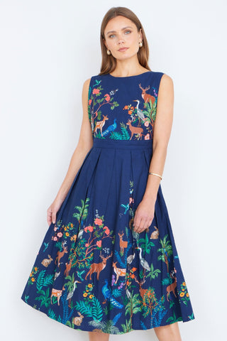 Yumi Navy Woodland Animal Print Cotton Midi Skater Dress - Hstrends