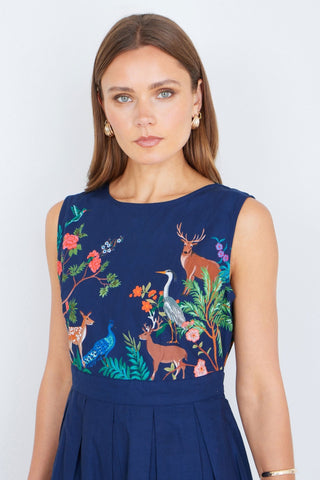 Yumi Navy Woodland Animal Print Cotton Midi Skater Dress - Hstrends