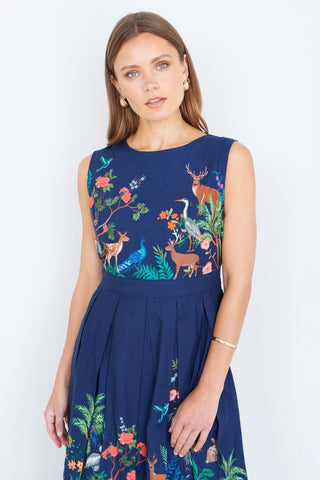 Yumi Navy Woodland Animal Print Cotton Midi Skater Dress - Hstrends