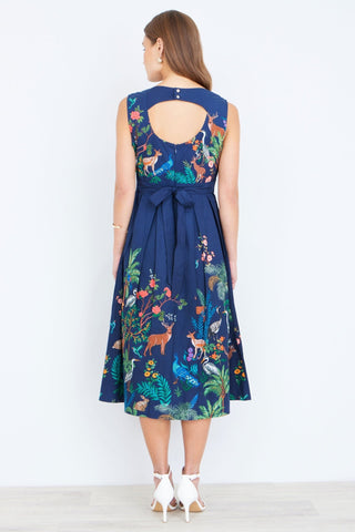 Yumi Navy Woodland Animal Print Cotton Midi Skater Dress - Hstrends