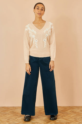 Yumi Oatmeal Floral Embroidered V Neck Relaxed Knitted Jumper - Hstrends