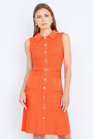 Yumi Orange Rib Knitted Skater Dress With Buckle Detail - Hstrends