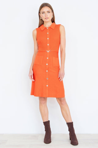 Yumi Orange Rib Knitted Skater Dress With Buckle Detail - Hstrends
