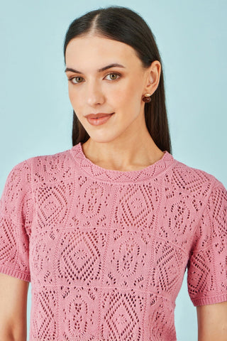 Yumi Pink Cotton Crochet Knitted Top - Hstrends