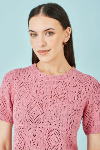 Yumi Pink Cotton Crochet Knitted Top - Hstrends