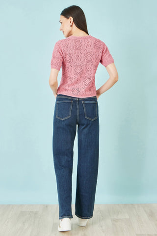 Yumi Pink Cotton Crochet Knitted Top - Hstrends