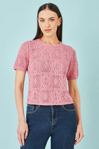 Yumi Pink Cotton Crochet Knitted Top - Hstrends