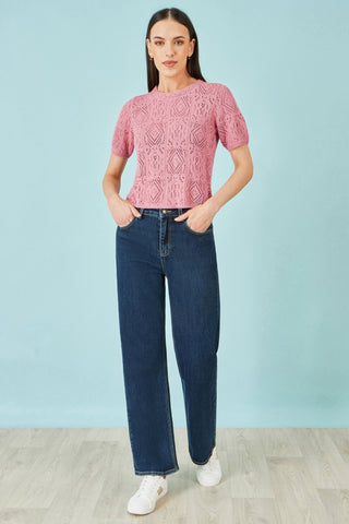 Yumi Pink Cotton Crochet Knitted Top - Hstrends