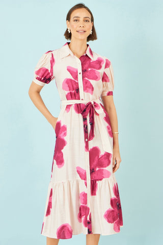 Yumi Pink Scattered Floral Shirt Dress - Hstrends