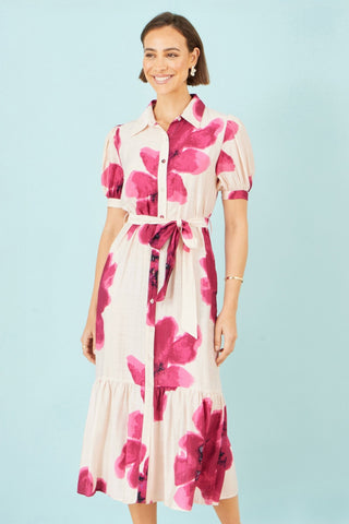 Yumi Pink Scattered Floral Shirt Dress - Hstrends
