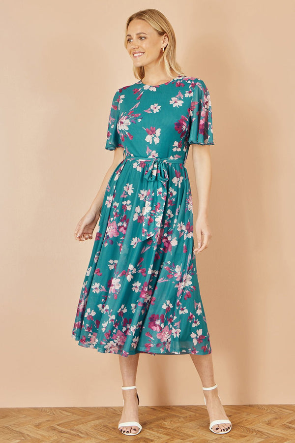 Yumi Teal Mesh Skater Floral Midi Dress - Hstrends