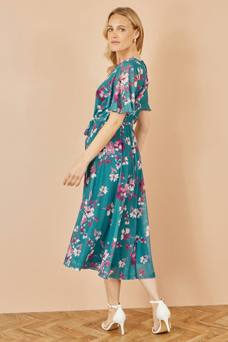 Yumi Teal Mesh Skater Floral Midi Dress - Hstrends