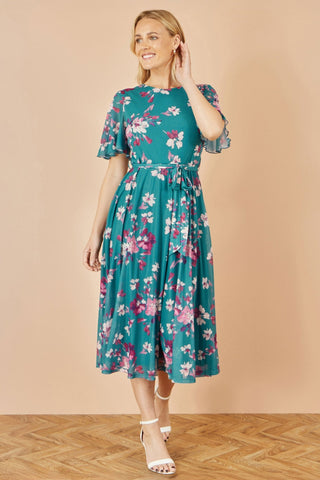 Yumi Teal Mesh Skater Floral Midi Dress - Hstrends