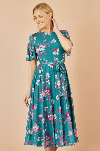 Yumi Teal Mesh Skater Floral Midi Dress - Hstrends
