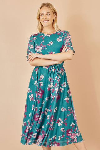 Yumi Teal Mesh Skater Floral Midi Dress - Hstrends