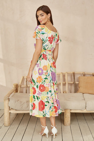 Yumi White Big Floral Midi Dress - Hstrends