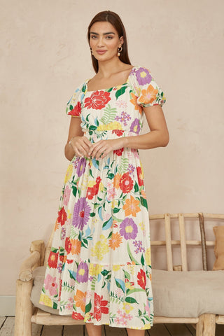 Yumi White Big Floral Midi Dress - Hstrends