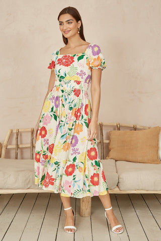 Yumi White Big Floral Midi Dress - Hstrends