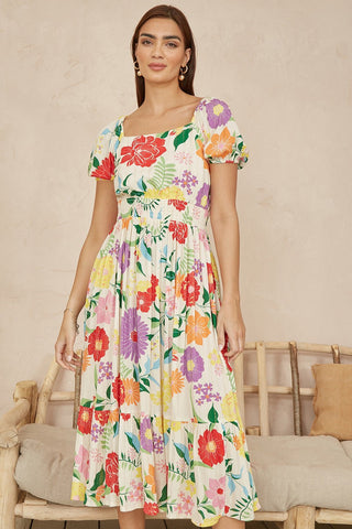 Yumi White Big Floral Midi Dress - Hstrends
