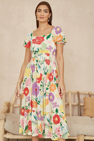 Yumi White Big Floral Midi Dress - Hstrends
