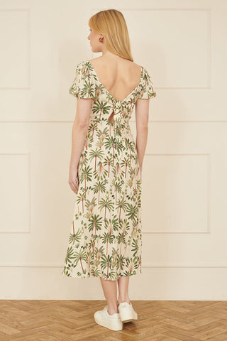Yumi White Cotton Palm Print Ruched Midi Dress - Hstrends