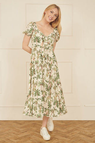 Yumi White Cotton Palm Print Ruched Midi Dress - Hstrends
