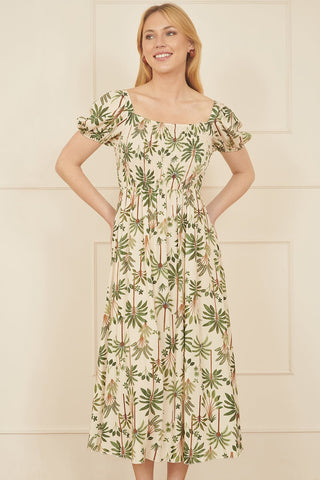Yumi White Cotton Palm Print Ruched Midi Dress - Hstrends