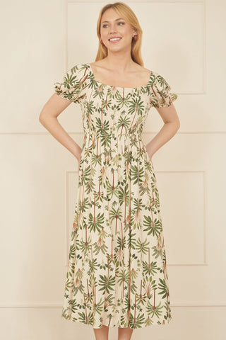 Yumi White Cotton Palm Print Ruched Midi Dress - Hstrends