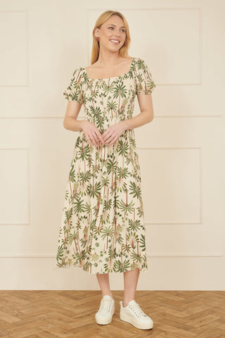 Yumi White Cotton Palm Print Ruched Midi Dress - Hstrends