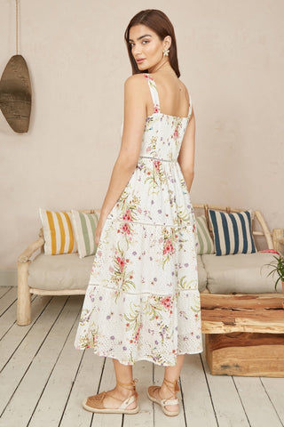 Yumi White Floral Broderie Anglaise Midi Sun Dress - Hstrends