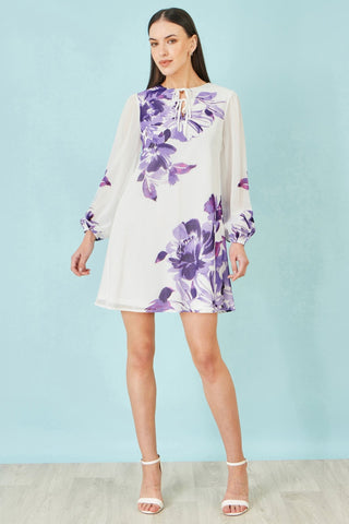 Yumi White Floral Placement Tunic With Keyhole Neckline - Hstrends
