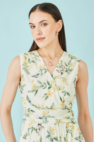 Yumi White Floral Print Mesh Stretch Midi Dress With Pockets - Hstrends