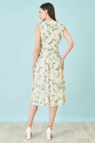Yumi White Floral Print Mesh Stretch Midi Dress With Pockets - Hstrends