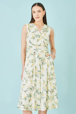 Yumi White Floral Print Mesh Stretch Midi Dress With Pockets - Hstrends