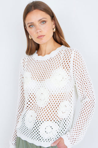 Yumi White Flower Crochet Jumper - Hstrends