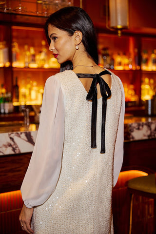 Yumi White Sequin Tunic With Tie Back And Sheer Sleeves - Hstrends