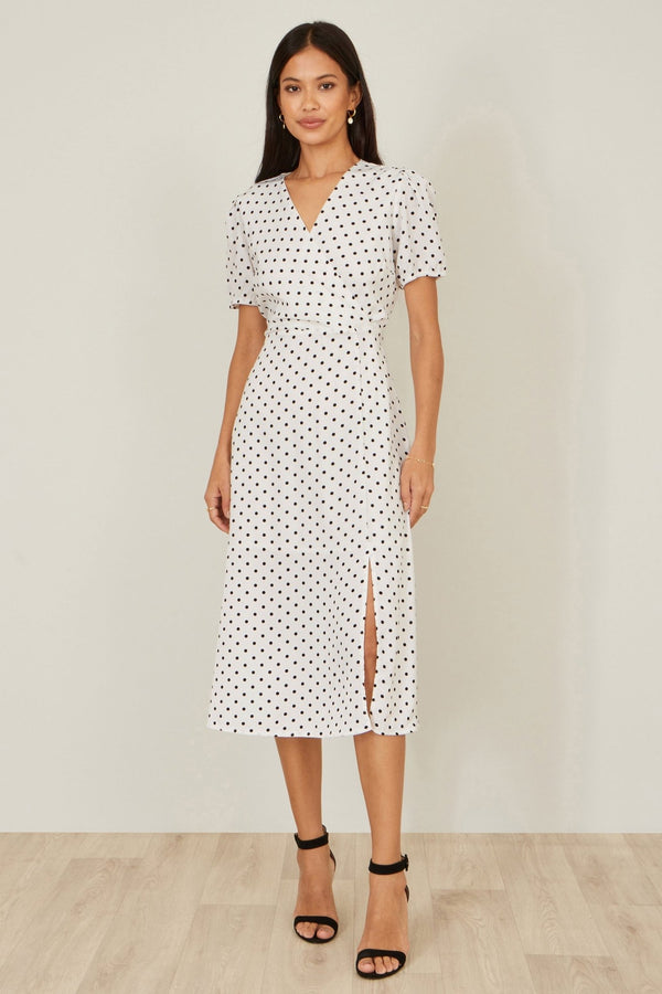 Yumi White Spot Print Wrap Tea Dress - Hstrends
