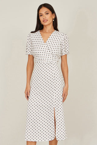 Yumi White Spot Print Wrap Tea Dress - Hstrends