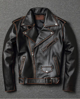 Men's Vintage Leather Motorcycle Jacket - Short Collar