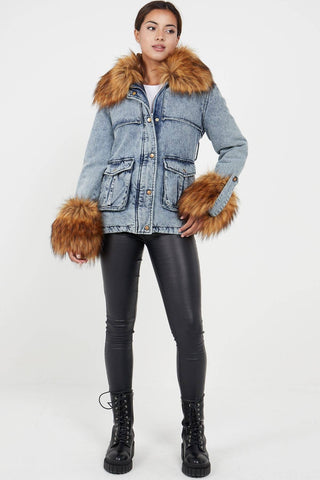 Faux Fur Cuff and Collar Padded Belted Denim Jacket - Hstrends